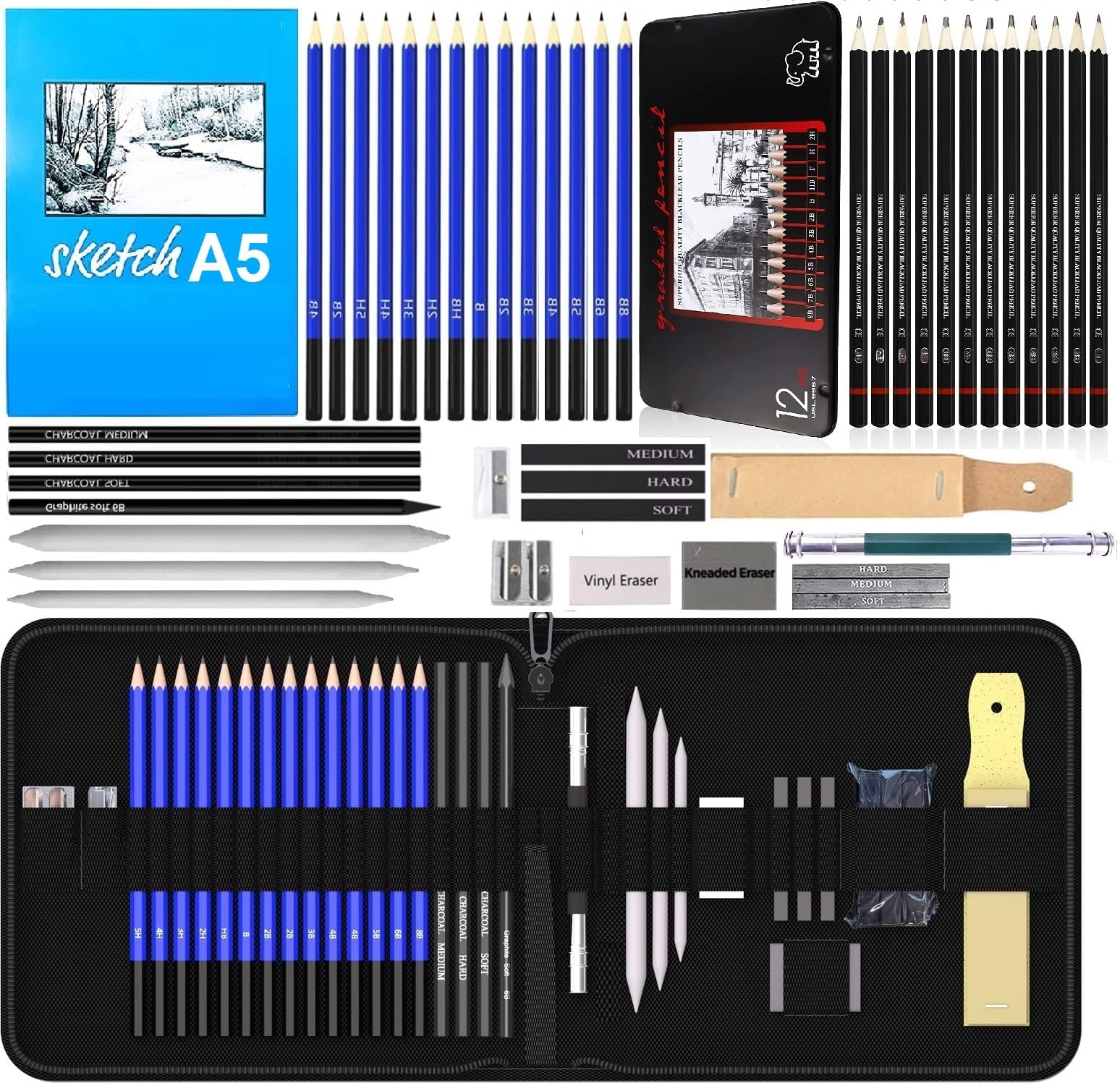 47 Pieces Pencil Kit Professional Graphite Charcoal Sketch Kit Drawing Pencils and Sketching Kit for Artist Painting Shading Sketch Book with Zipper Carry Bag Drawing Kit