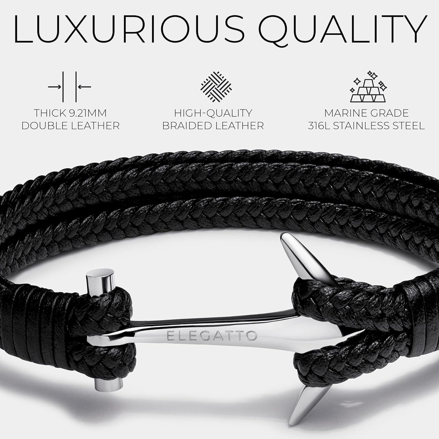 Elegatto Anchor Leather Duo Premium Double Braided Leather Bracelet for Men | Full-Grain Leather with Sterling Silver Polished Stainless Steel Anchor Clasp | Men’s Designer Bracelets - Image 3