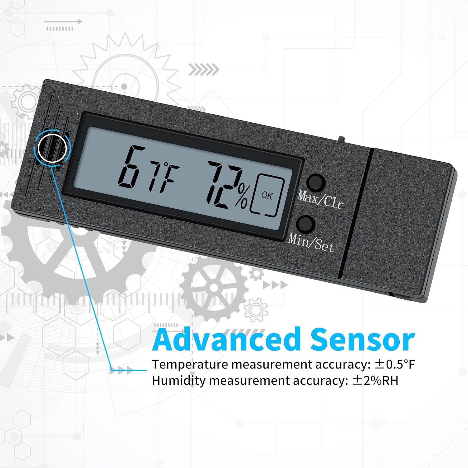 Close-up of the Briidea Digital Hygrometer and Thermometer showing the advanced sensor technology and accuracy specifications