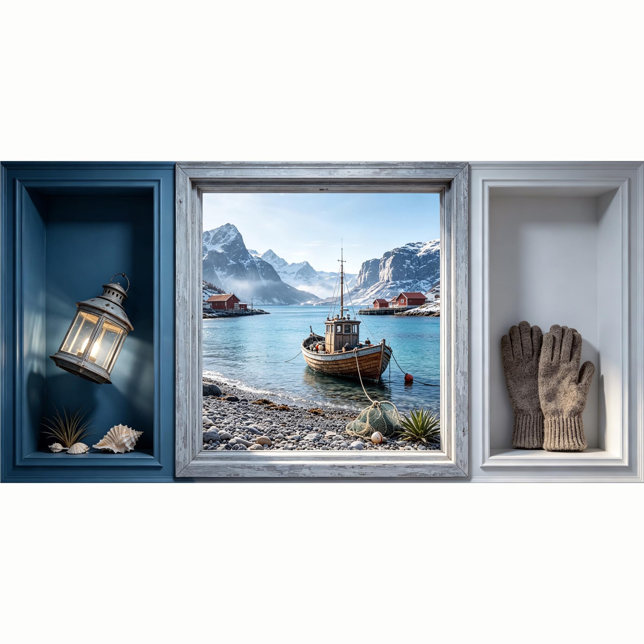 QZLITHOTIC 50x100cm 3D Framed Wall Art， Nordic Fishing Boat Mountain Lake Landscape SelfAdhesive Mural， WaterActivated Peel & Stick Fabric Decor Wall Decal for Bedroom Living Room