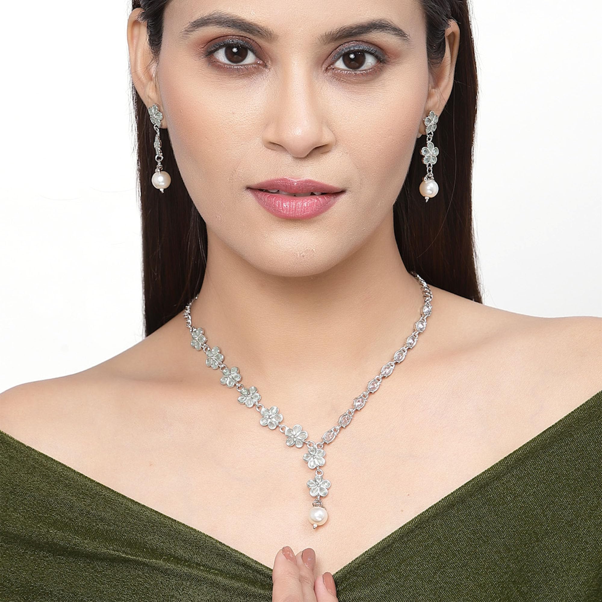 Oxidised Silver-Plated Flower American Diamond Necklace Earrings Set