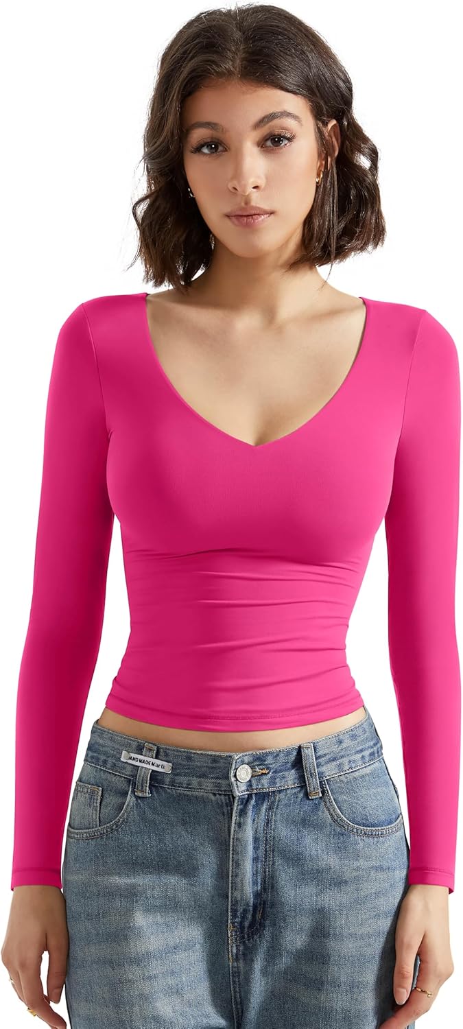 SUUKSESS Women Double Lined Casual V Neck Crop Tank Tops Basic Long Sleeve Shirts - Image 2