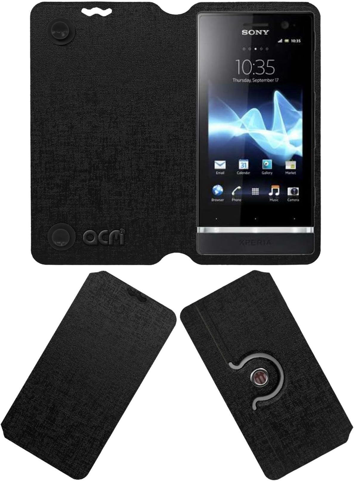 ACM Designer Rotating Flip Flap Case Compatible with Sony Ericsson Xperia U St25i Mobile Stand Cover Black
