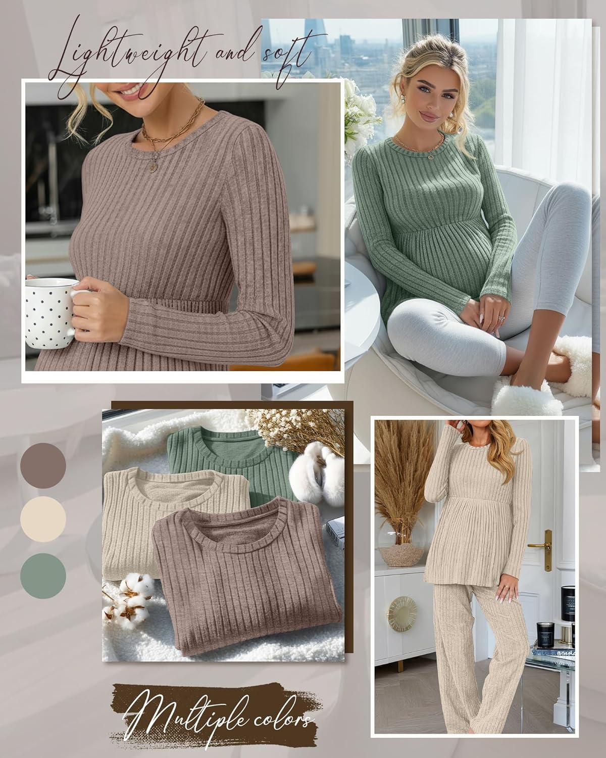 3 Pack Women's Maternity Shirts, Ribbed Long Sleeve Pregnancy Sweaters Tunic Pleated Tops Crew Neck Casual Blouses - Image 2