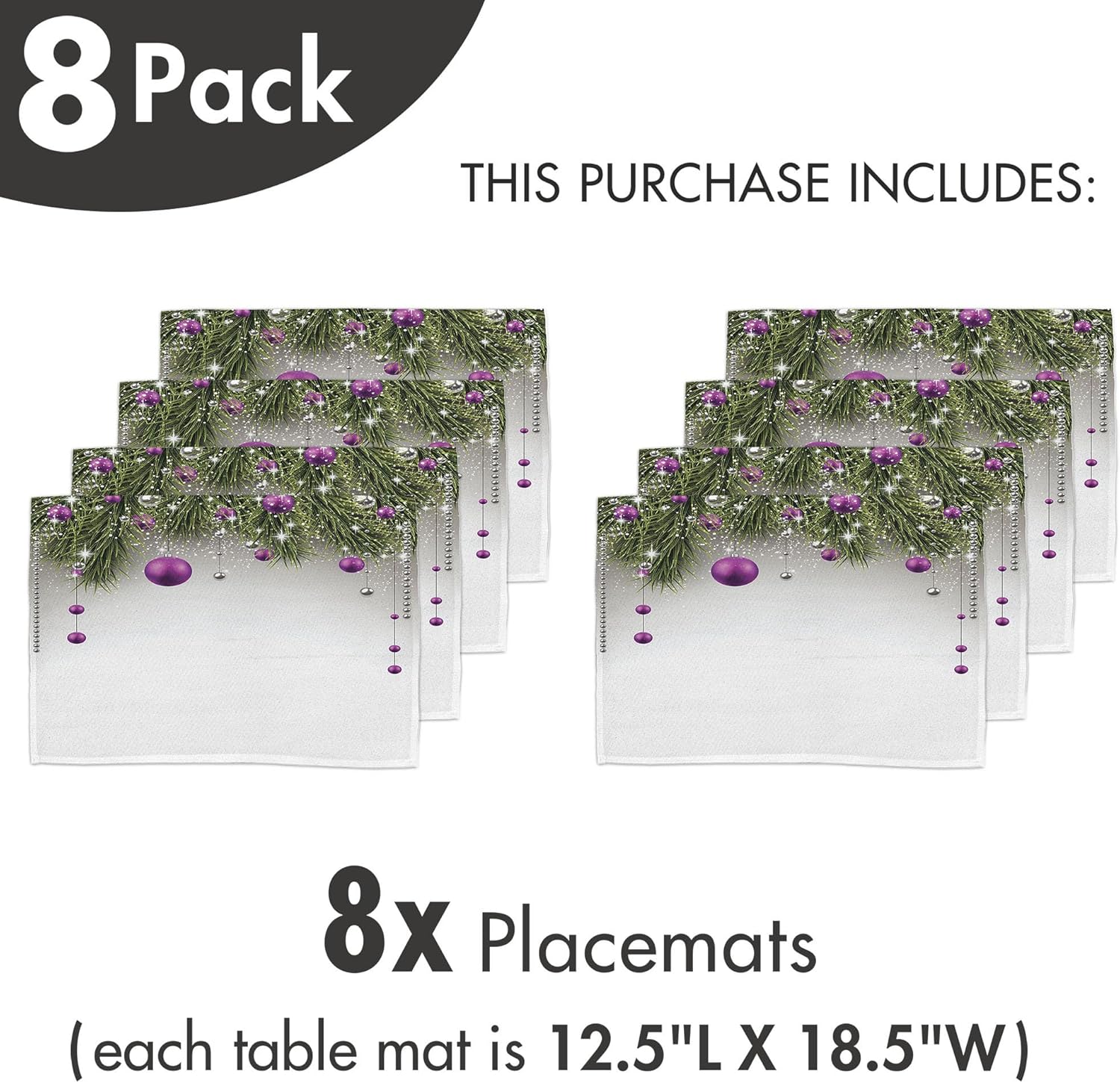 Ambesonne Christmas Place Mats Set of 8, Tree with Tinsel and Ball with Present Wrap Ribbon Celebration Picture, Washable Fabric Placemats for Dining Table, Placemat 8 pcs, Purple Grey