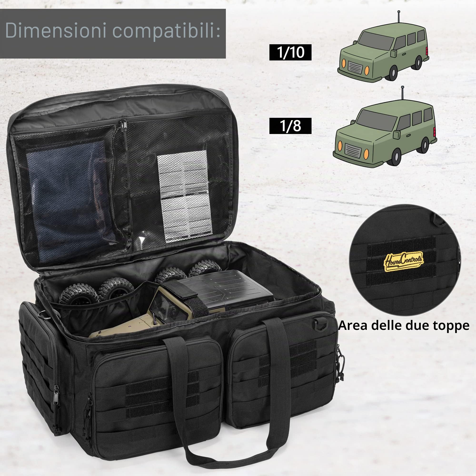 GOBUROS Custodia da trasporto RC per auto 1/8 e 1/10, custodia RC per supporto e multi-tasche con assicella solida inferiore per strumenti RC nero (in attesa di brevetto)