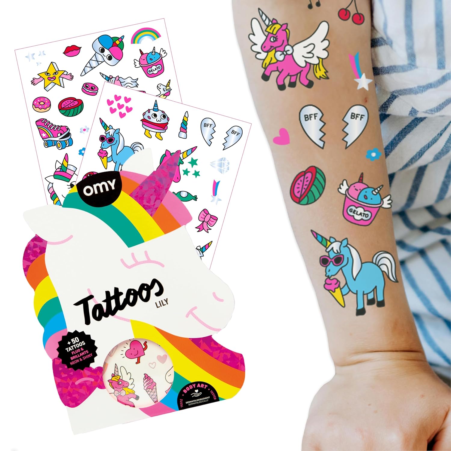 Omy Unicorn Temporary Tattoos for Kids - 50 Magical, Colorful Designs with Rainbows, Stars, and Unicorns | Easy to Apply, Safe & Long-Lasting | Age 3 and Up