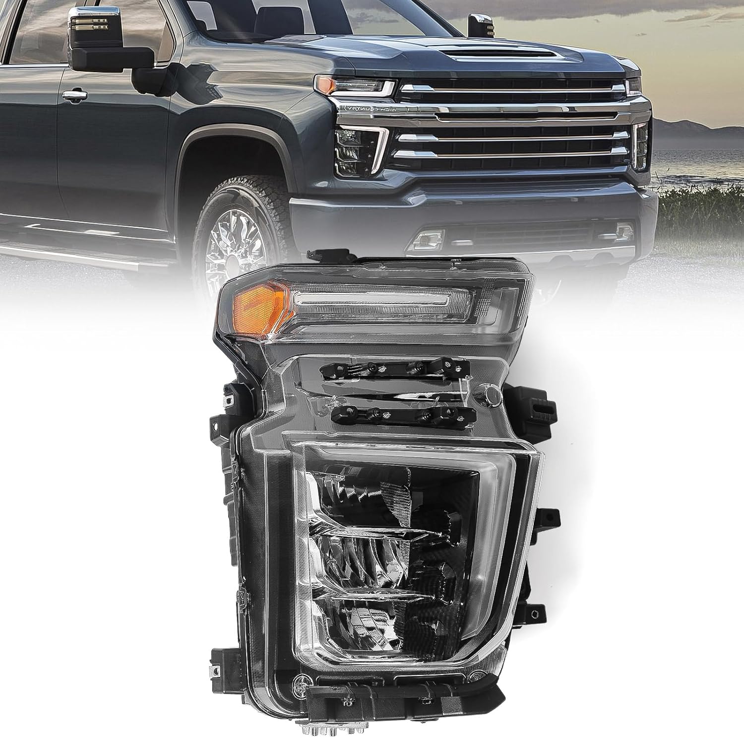 Upgrade LED Headlight Assembly Compatible with Chevy Silverado 2500HD 3500HD 2020 2021 2022 2023 (For Halogen Model Upgrade) Factory Replacement Head Light Lamp Driver & Passenger Side