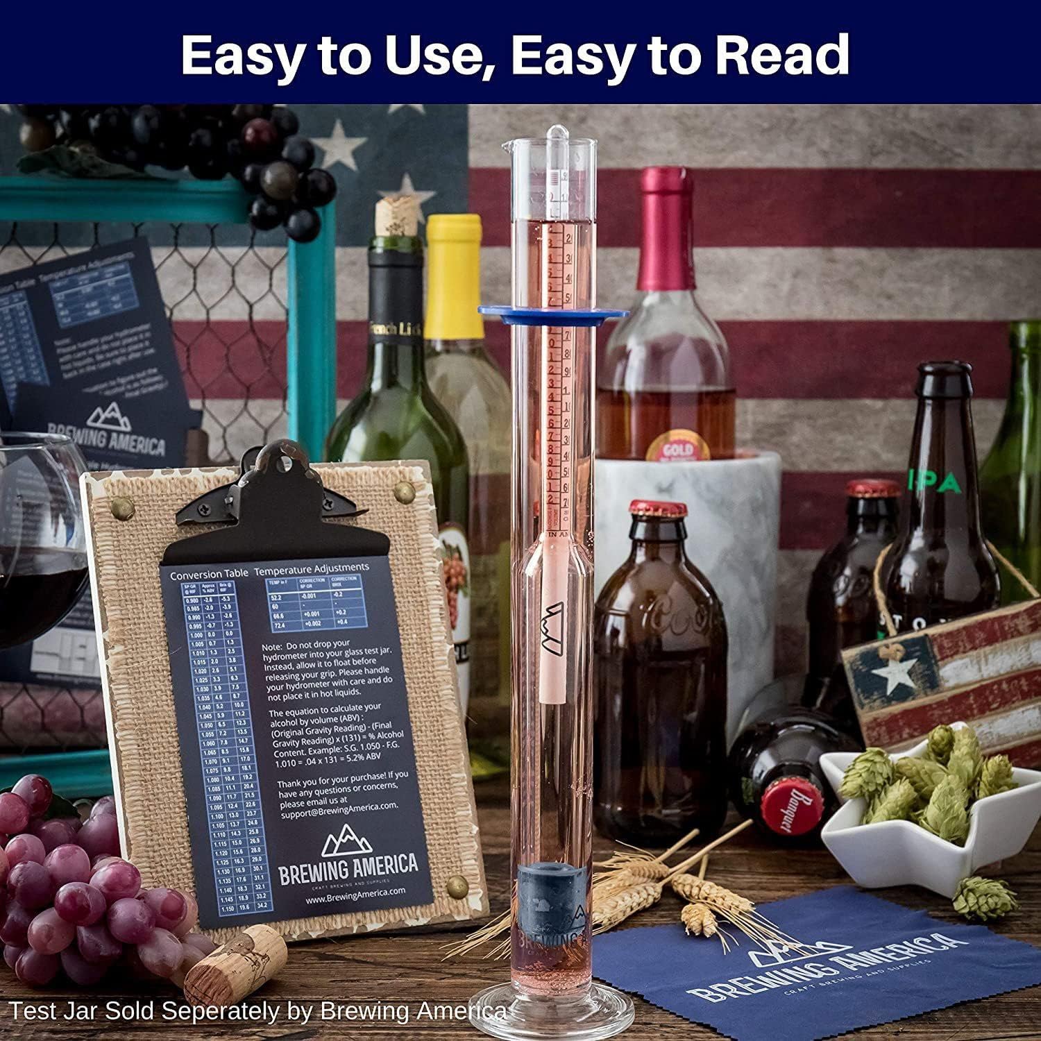 Brewing Hydrometer Alcohol Tester Kit: USA-Made Beer & Wine American-Made Specific Gravity ABV Test Pro Series Traceable & Borosilicate Glass Test Tube Jar & Brush