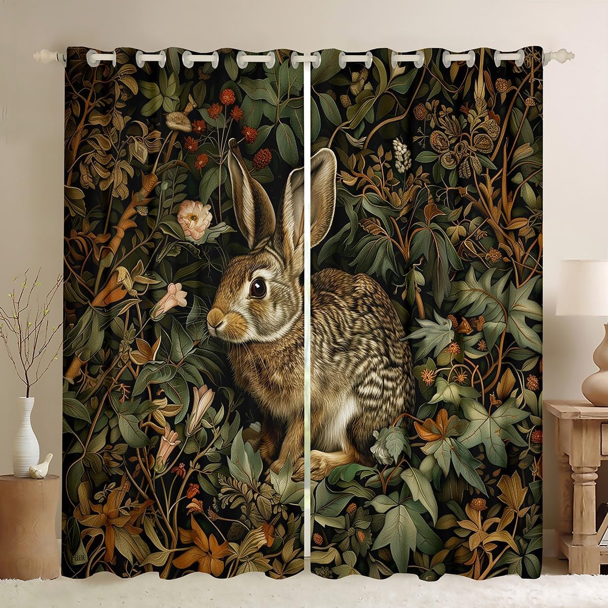 Rabbit Blackout Curtains,Cartoon Jungle Wildlife Print Kitchen Window Treatments,Cute Animal Floral Leaves Plant Window Drapes for Home Decor, 2 Panels,42Wx63L inch