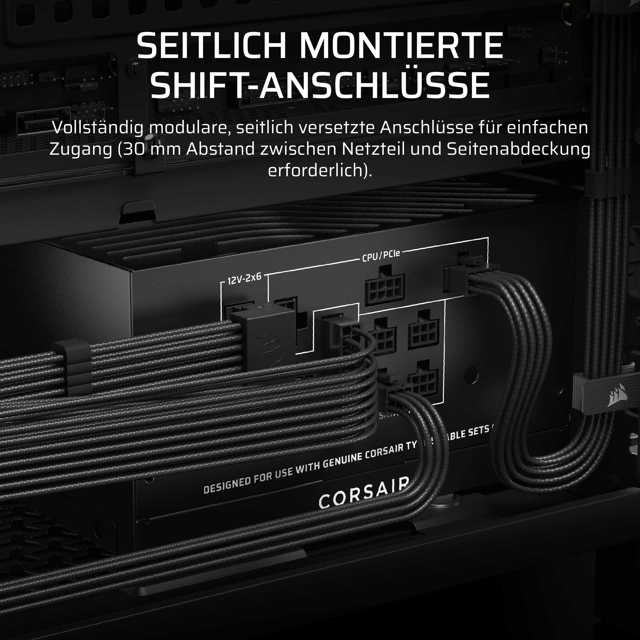 CORSAIR RM850x Shift (2025) Vollmodulares ATX-Netzteil – Modulare Seitenschnittstelle, 12-V-2x6-Kabel, ATX 3.1 und PCIe 5.1, Lüftergeschwindigkeit, 105°C-Kondensatoren, Cybenetics Gold – Schwarz