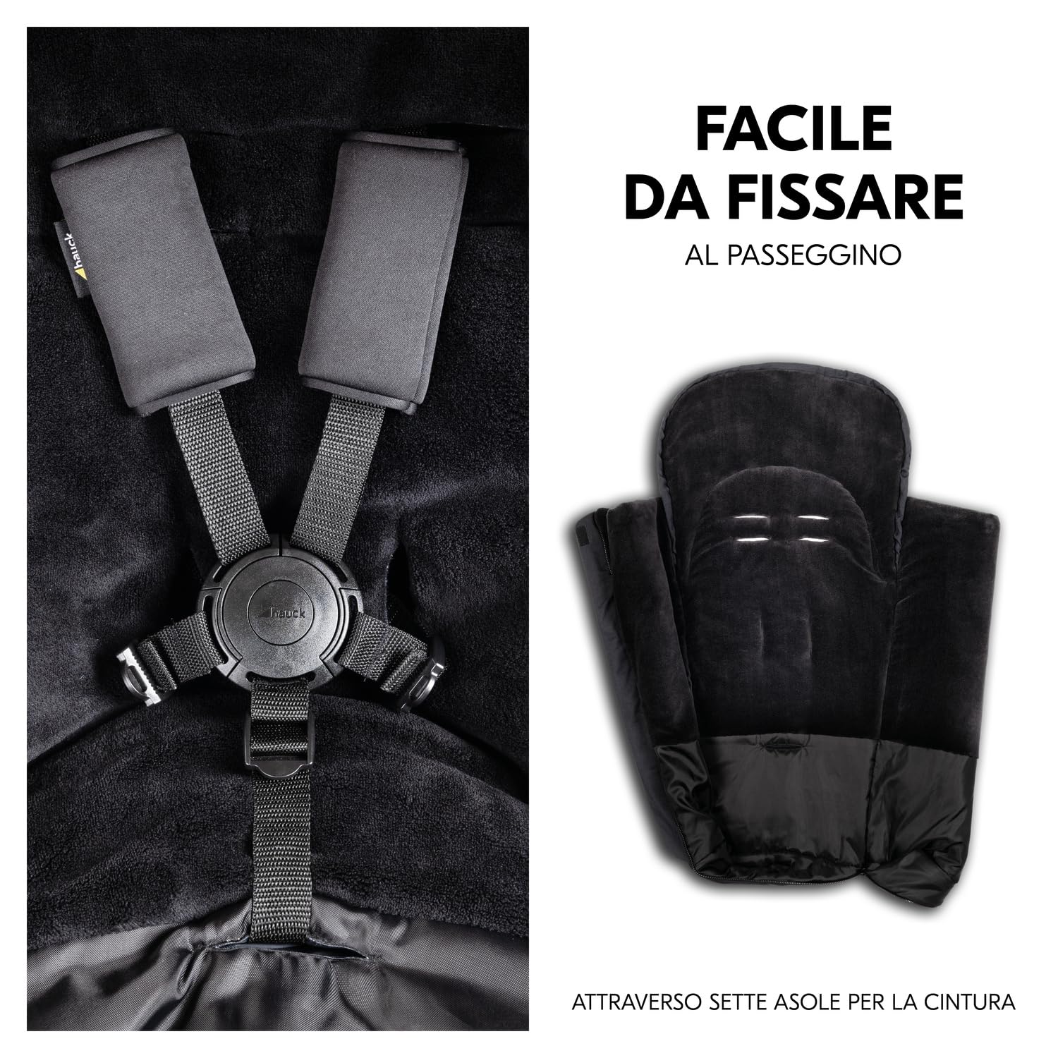 hauck Sacco Passeggino Universale, Nero - 105 x 57 x 10 cm, Caldo e Antivento con Interno in Pile, Cerniera a 2 Vie, Antiscivolo, Lavabile, Arrotolabile in una Borsa, dalla Nascita fino a 3 Anni