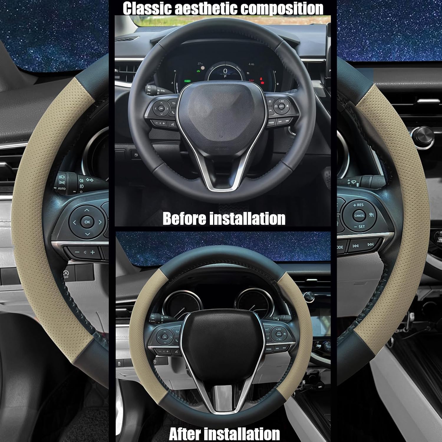 Steering Wheel Cover Standard Size 14.5-15 inch, Non-Slip Car Wheel Cover Protector, Breathable Microfiber Leather, Black and Beige - Image 3