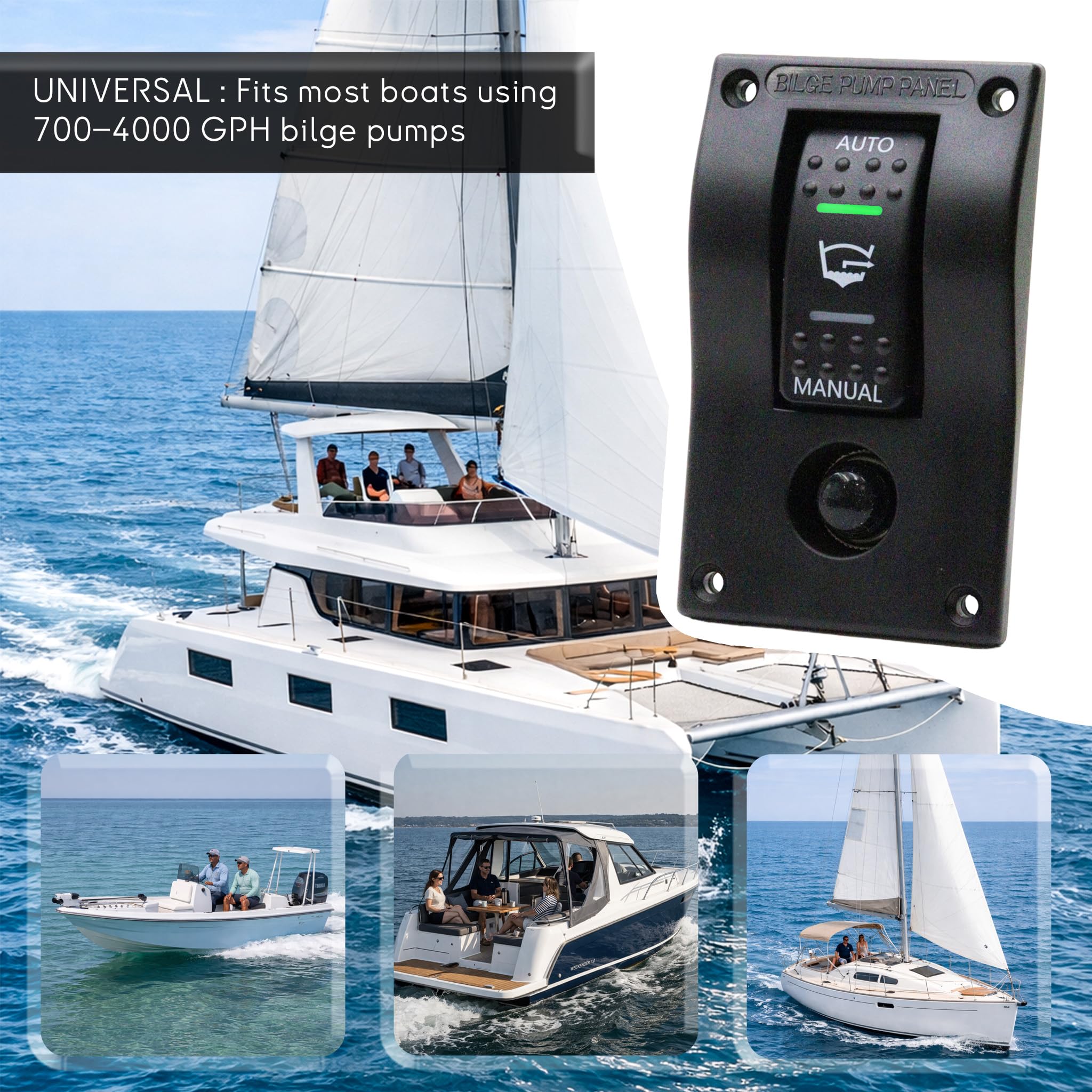 Bedienfeld für Bilgenpumpe, 3 Wege, Auto/Stopp/manuell, 12 V/24 V, integrierter Leistungsschalter, 10 A, IP66, vorverdrahtet, für Boot, Segelboot, Fischerboot