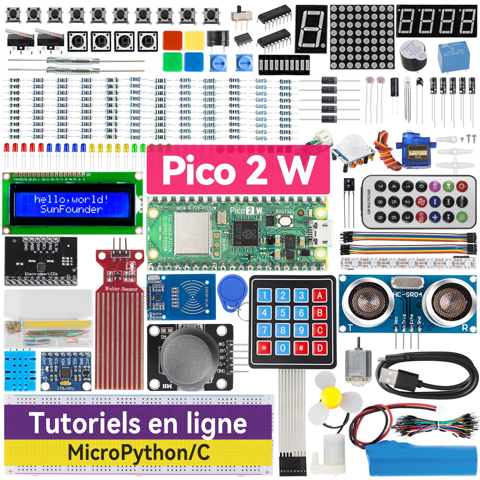 SunFounder Raspberry Pi Pico 2W Ultimate Starter Kit avec 110+Tutoriels Vidéo Cours en ligne, 96 Projets (16 Projets IoT), MicroPython, C++ (Compatible avec Arduino IDE)
