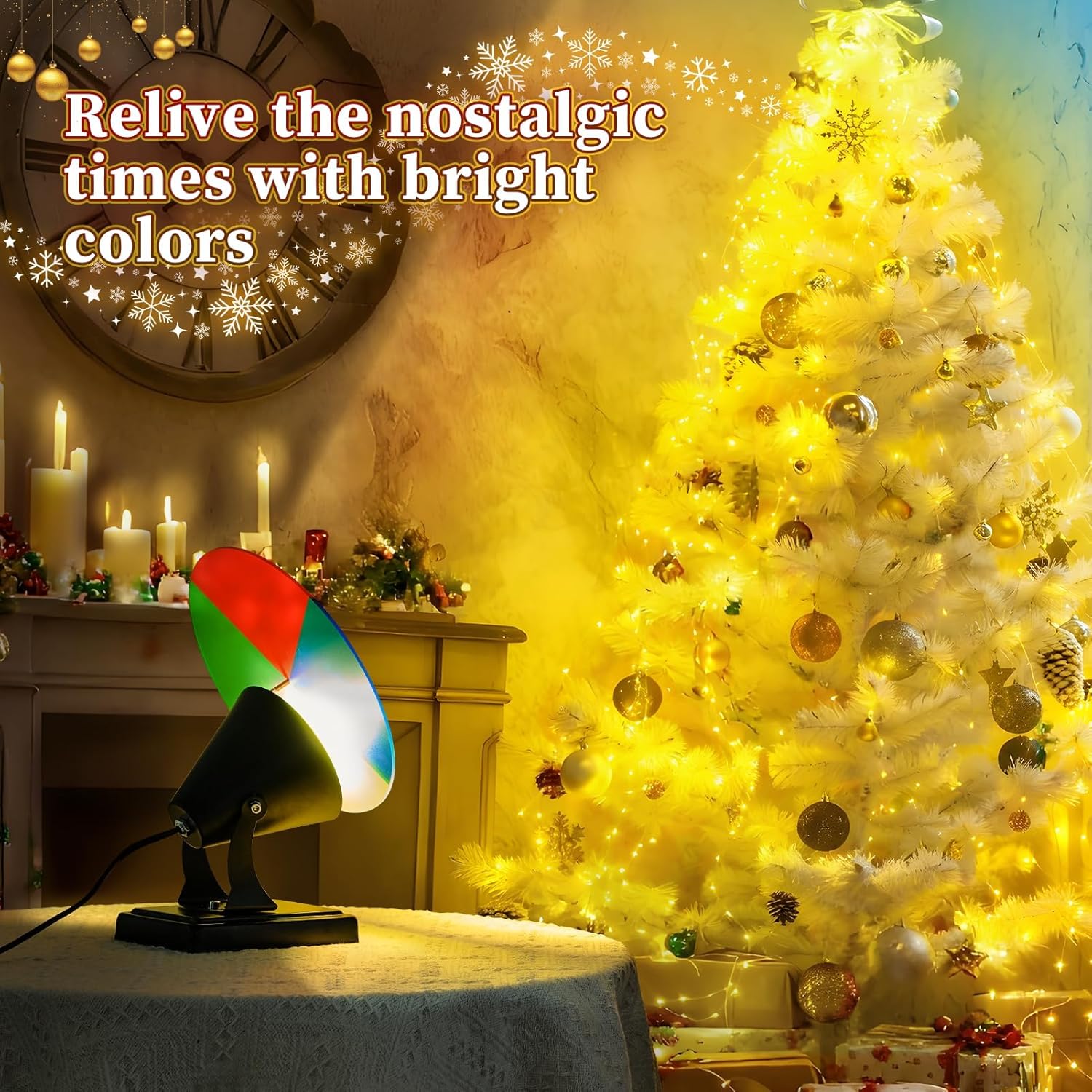 Christmas Tree Color Wheel with 2PCS E27 LED Light,Red/Yellow/Blue/Green Rotating Color Wheel Lights,120V 5W LED Light Revolving Colors Wheel for Vintage Silver Tinsel Retro Aluminum Christmas Tree
