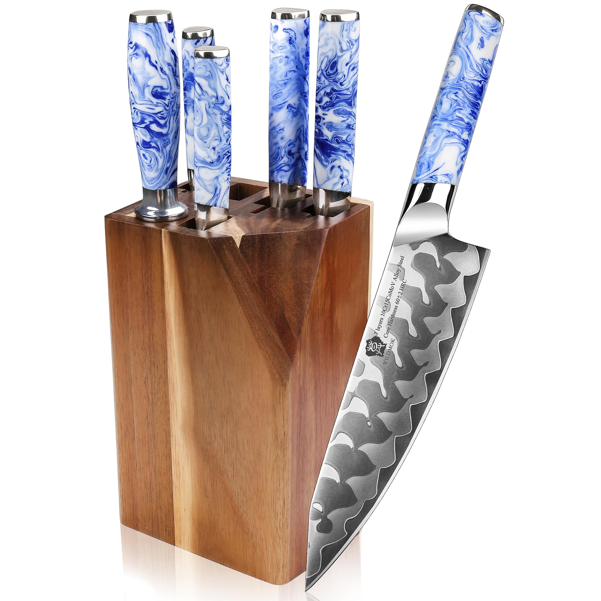 WILDMOK 7-Piece Knife Block Set, Blue and White Porcelain Pattern Resin Handle Kitchen Knives, Including Chef, Bread, Santoku, Utility and Fruit Knife Sets with Sharpener