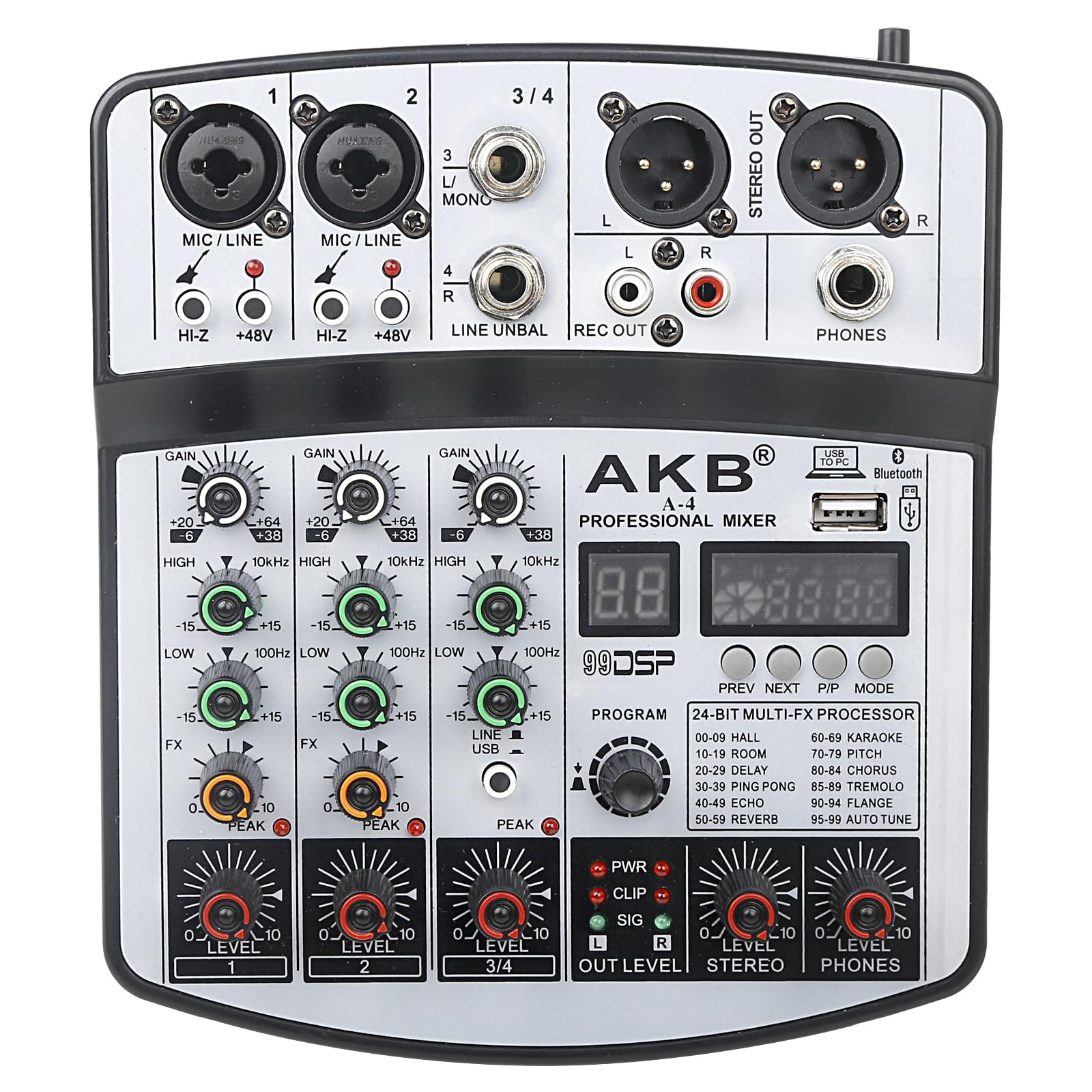 Mixer DJ a 4 canali audio mixer scheda audio con Bluetooth, interfaccia audio USB con 48 V Phantom Power Sounds Mixer Board con 99 DSP FX Riverbero Delay Effect