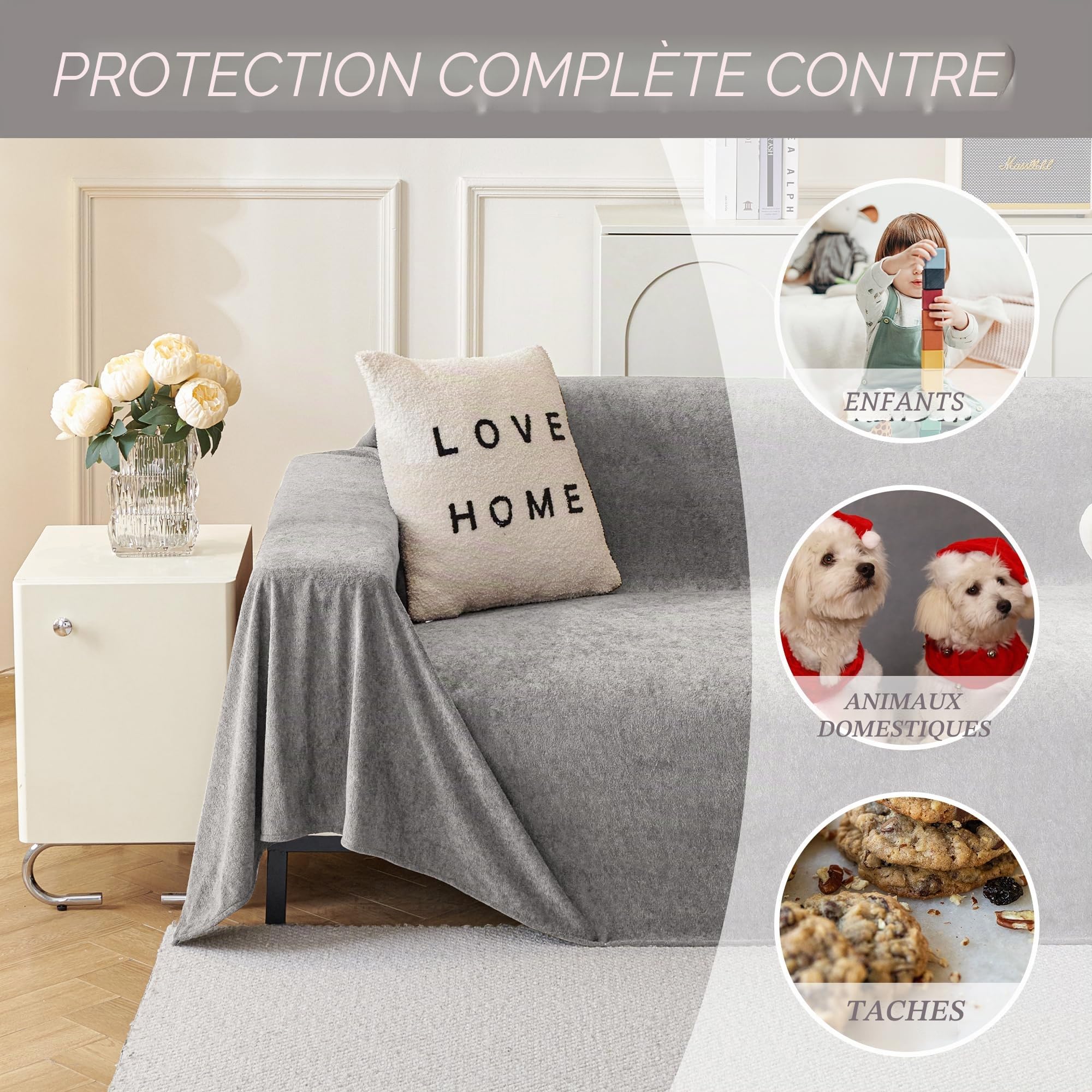 MYSKY HOME Housse de canapé 180 x 300 cm, lavable, antidérapante, anti-rayures, gris