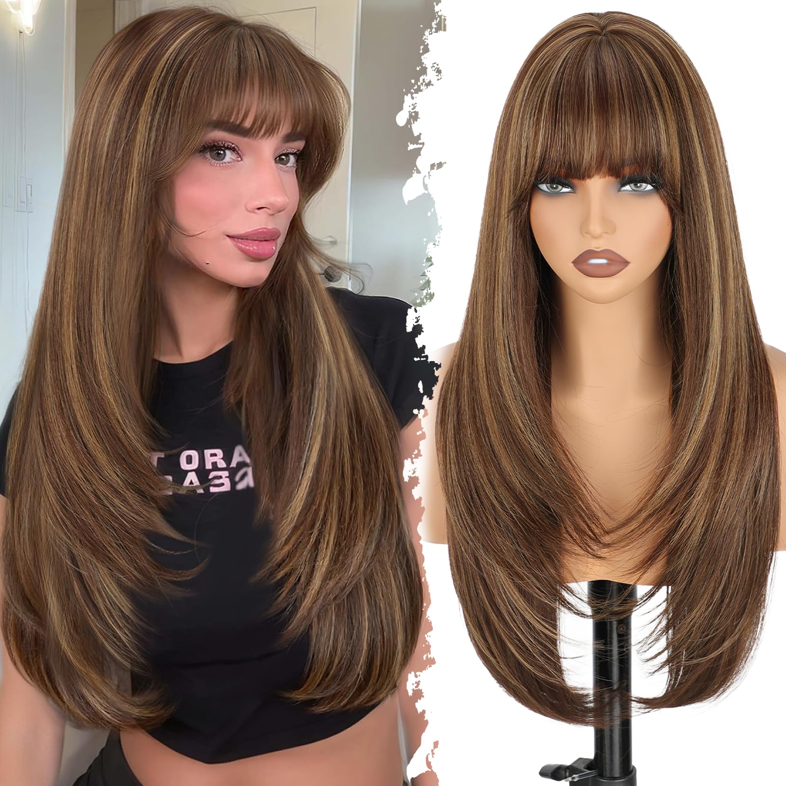 Photo 1 of XIXIBI Long Brown Wig with Bangs, Brown Mixed Blonde Straight Layered Realistic Wigs for Women, 4x4 Realistic Scalp, Free Parting Synthetic Natural Looking Wigs for Daily Party Cosplay Use 26Inch