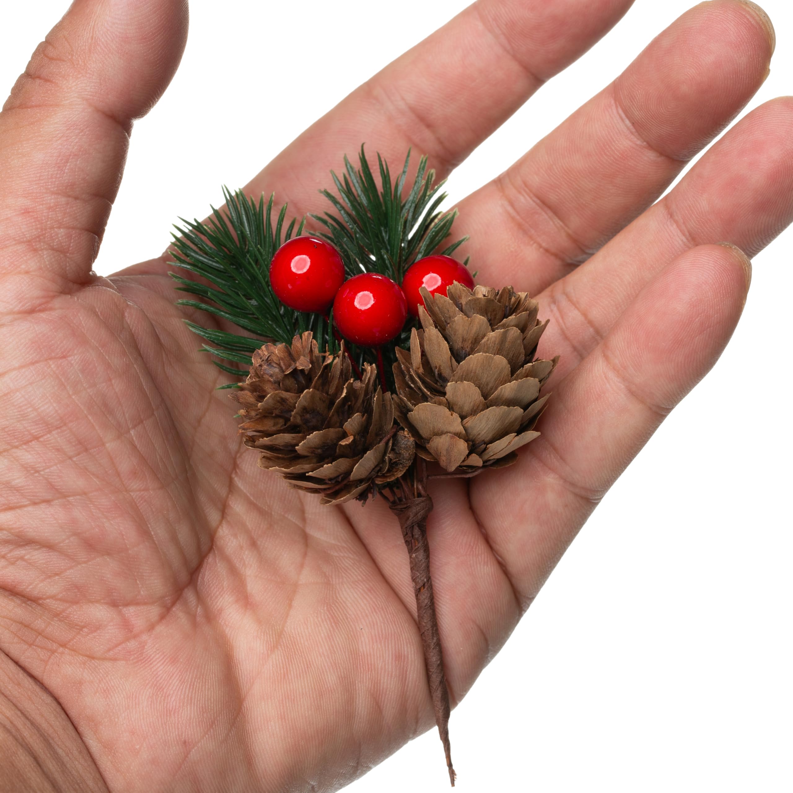 Künstliche Tannenzapfen mit Tannennadeln, Zweigen und roten Beerenstielen – 8,9 cm kleine künstliche Beeren, Tannenzapfen zum Basteln, für Weihnachtsbaum, Weihnachtskranz, Dekoration, 50 Stück
