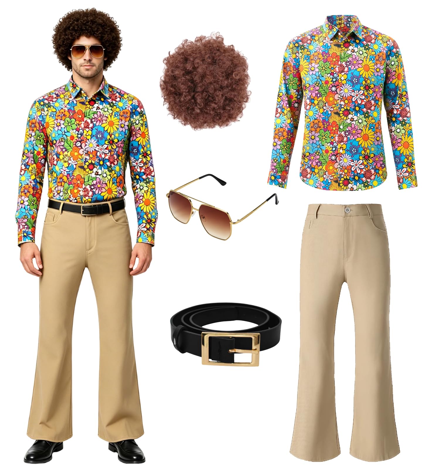 Ensemble de costume disco des années 70 - Hippie - Pour homme - Avec pantalon évasé - Chemise - Pour carnaval des années 50, 60, 70, cosplay, Halloween