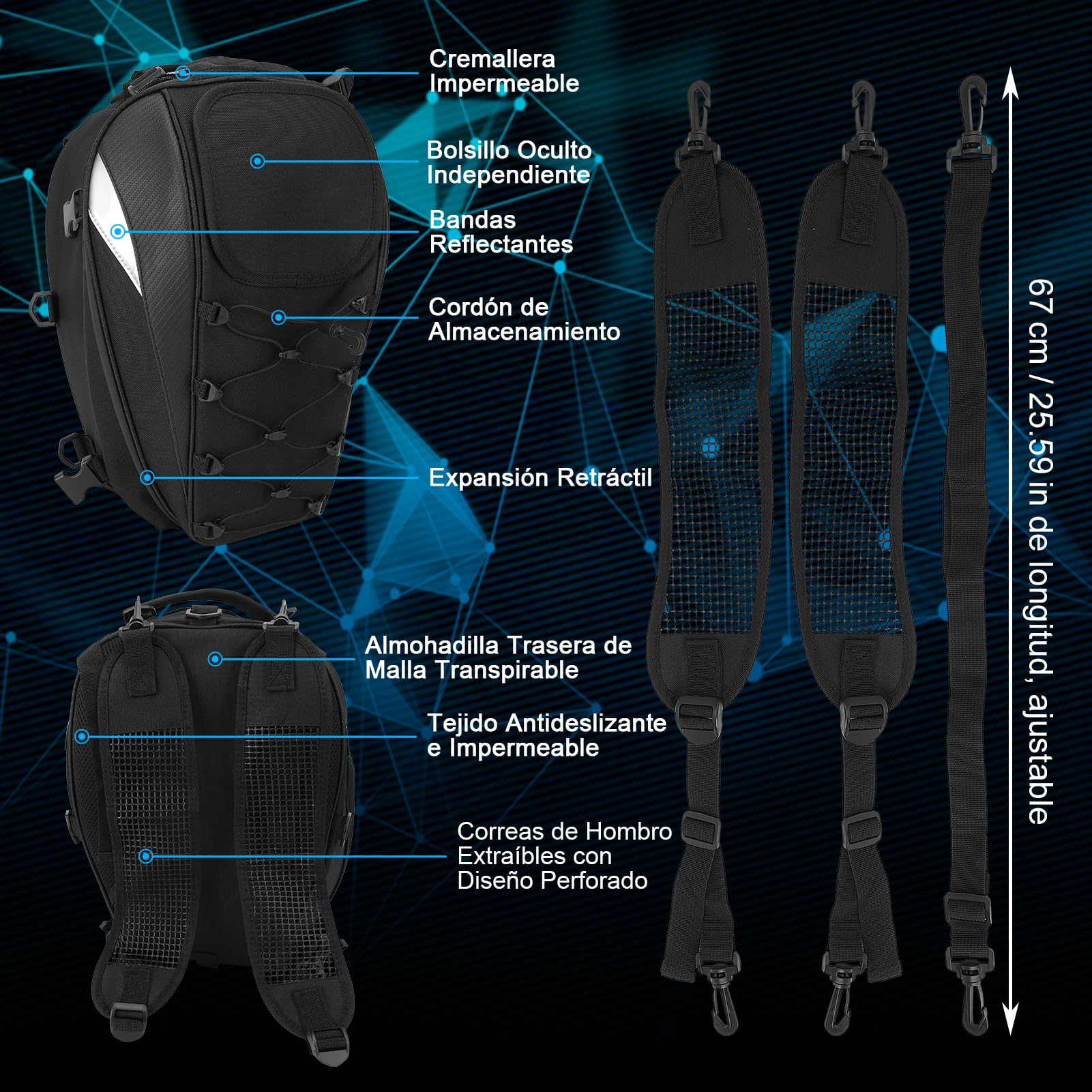 Mochila de 45L de tela Oxford para motocicleta, bolsa de casco resistente al agua con bolsillo de malla elástica y correa para el hombro para motocicleta, para guardar guantes, ropa y otros