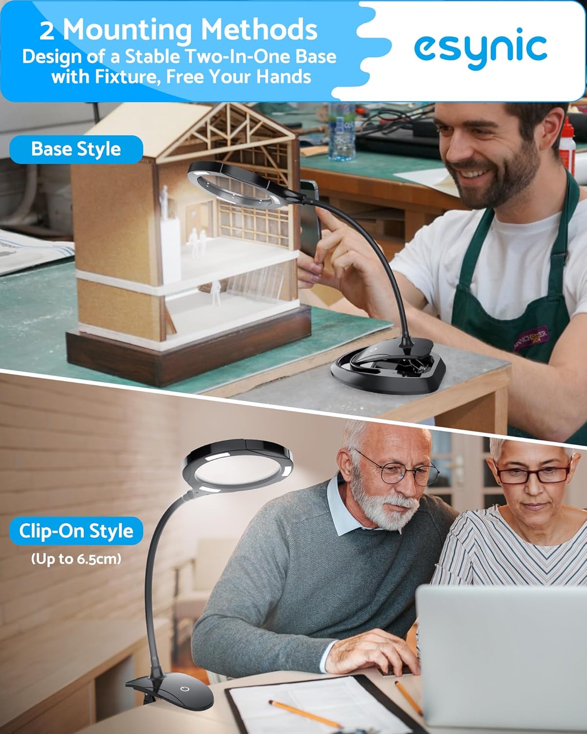 eSynic Magnifying Lamp with Light - 5X & 10X 110mm Large Lens with 15 LED Lights- USB-C Rechargeable & Flexible Gooseneck, Clamp&Base Dual Mount for Reading/Crafts/Repair [Acrylic Lens] - Image 5