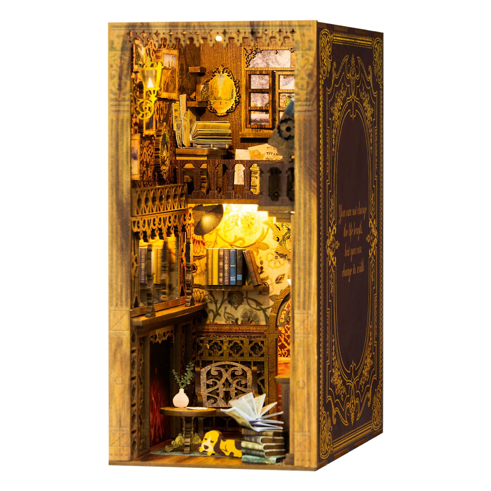 Fsolis Book Nook 3D Madera Rompecabezas,DIY Mini Kit de Casa de Muñecas,DIY Book Nook Kit de Construcción de Modelo de Esquina de Libro de Sujetalibros de Madera,Regalo con luz LED