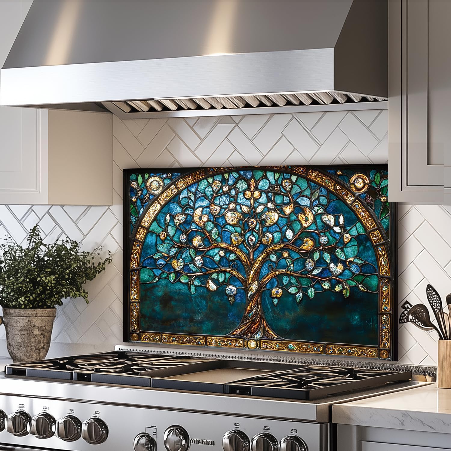LMSDYSHU Tree of Life‘’Tempered Glass Backsplash for Kitchen, Frameless, Stove Backsplash Protector for Wall,Easy to Clean, Home Decor (Bohemia, 30"x16")