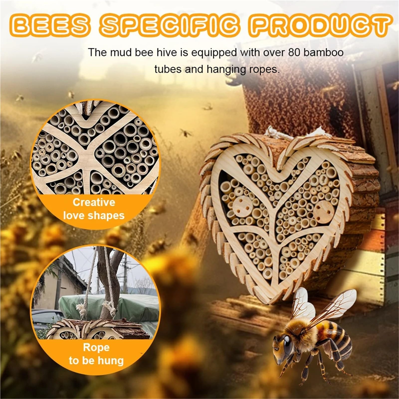 Herzförmiges Bienenhaus aus Holz mit Bambusröhren, Bienenstock, hängendes Insektenhotel for Bestäuber Bienenhaus-Werkzeug