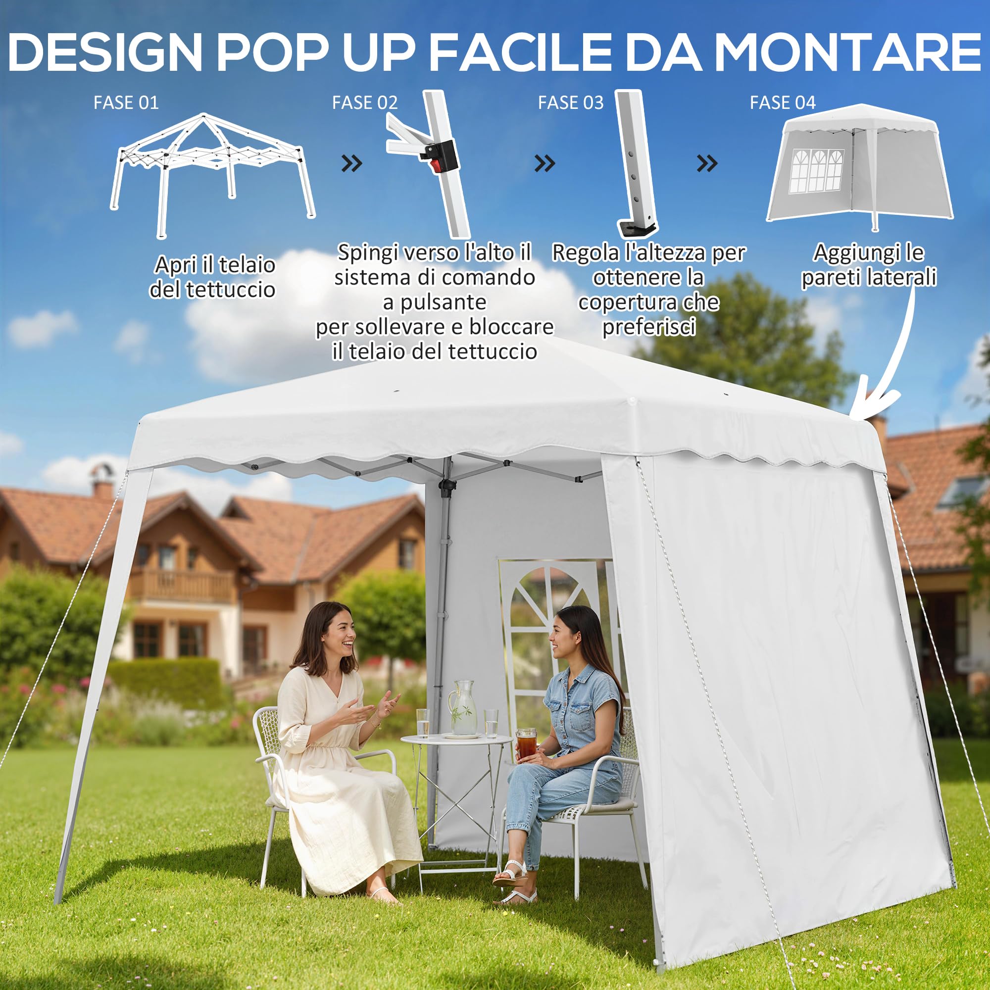 Outsunny Gazebo Pieghevole 2.4x2.4 m Pop Up Altezza Regolabile Bianco | 3 Livelli, Borsa da Trasporto, Gazebo da Esterno, Acciaio e Oxford, UV50+, per Giardino, Feste