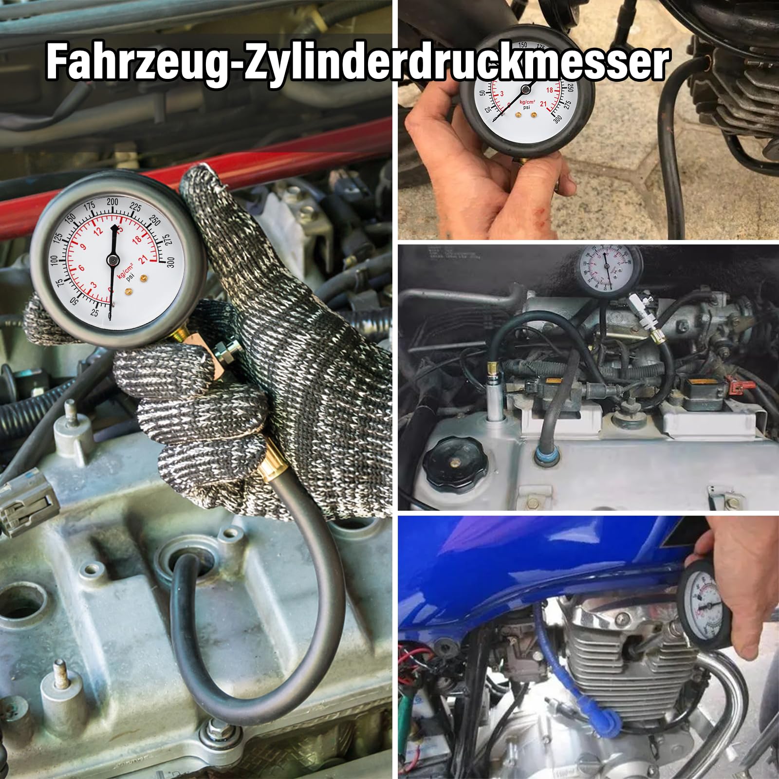 Tester di Compressione, Manometri Compressione per Motori Benzina 0-20 Bar o 0-300 PSI con 4 Adattatori M10 M12 M14 M18 per Auto e Moto (Blu)