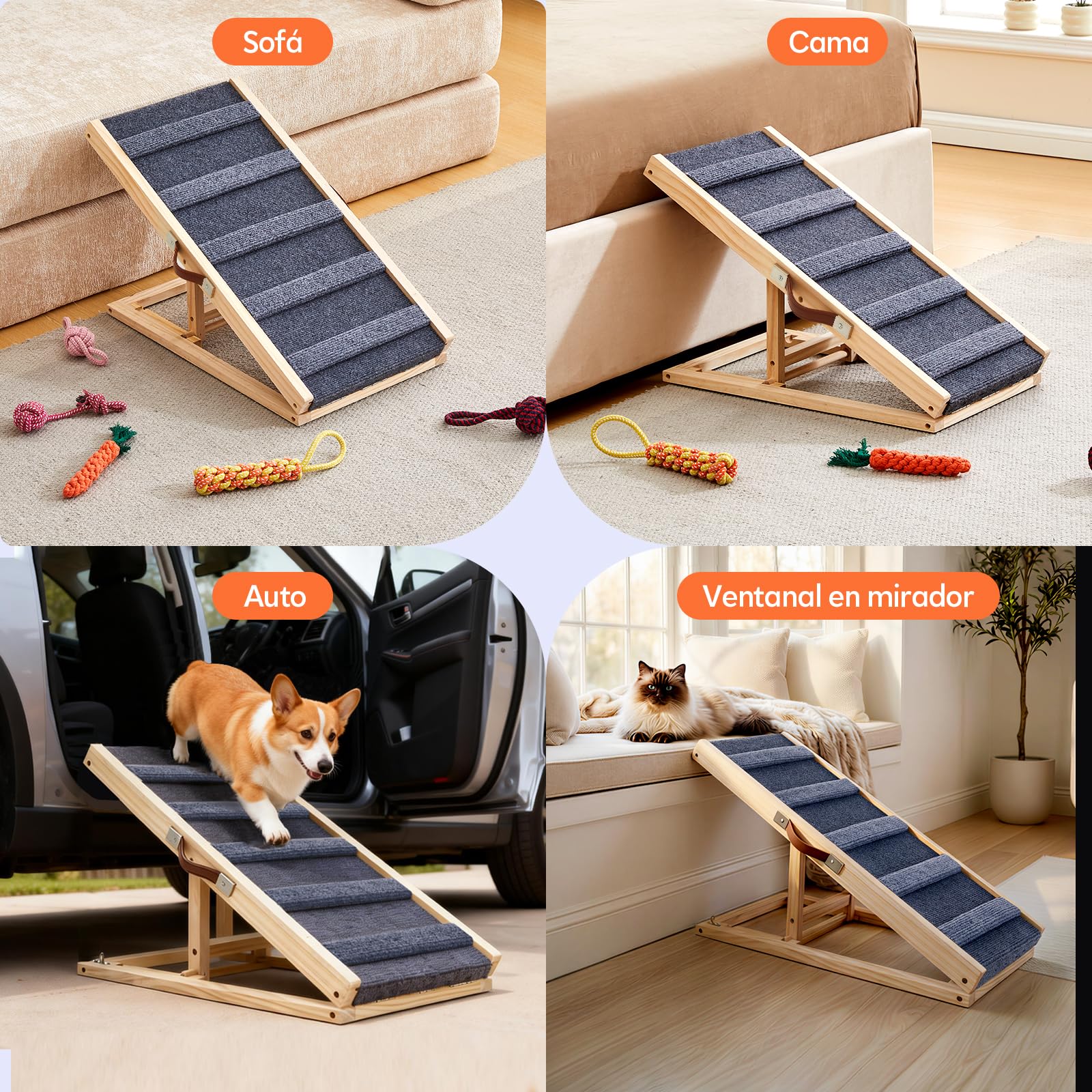 Tukailai Rampa para perros de madera de 70 cm de largo, escalera para perros para cama, sofá, coche, plegable, 2 alturas ajustables, rampa para mascotas con alfombra antideslizante y barras
