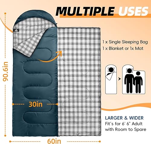 Miniatura 2 de MEREZA Flannel Sleeping Bag for Adults XL, Large Wide Sleeping Bags for Camping Mens Warm Cotton Sleeping Bag 4 Season Warm & Cool Weather