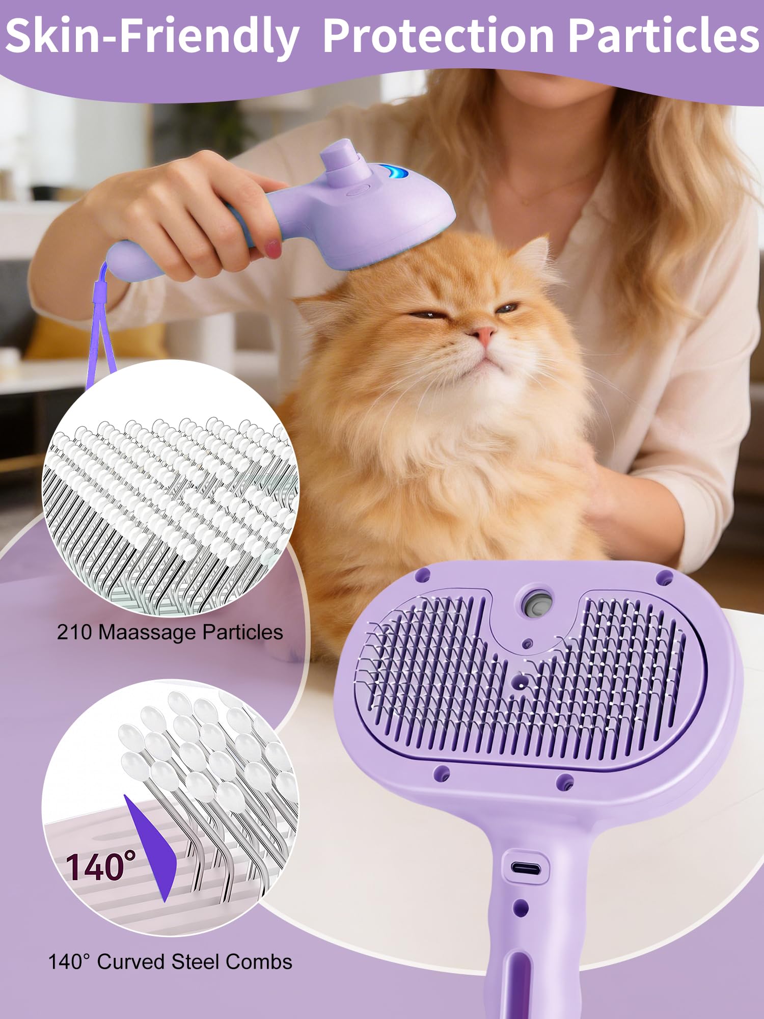 Hunde-Dampfbürste, 5-in-1, Katzenbürste mit Dampf und Entriegelungsknopf, Fellpflege-Werkzeug für Haustiere, Hunde, Haarentfernung, Haarausfall, für kleine Tiere, lang, kurzhaarig, Violett