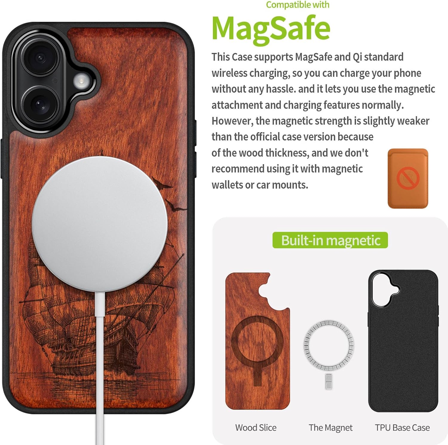 Carveit Magnetic Wooden Case for iPhone 17 Case, Wood Artisan Engraved & Black Soft TPU Shockproof Cover, Compatible with MagSafe Wireless Chargers (Sailboat on The Sea) Rosy