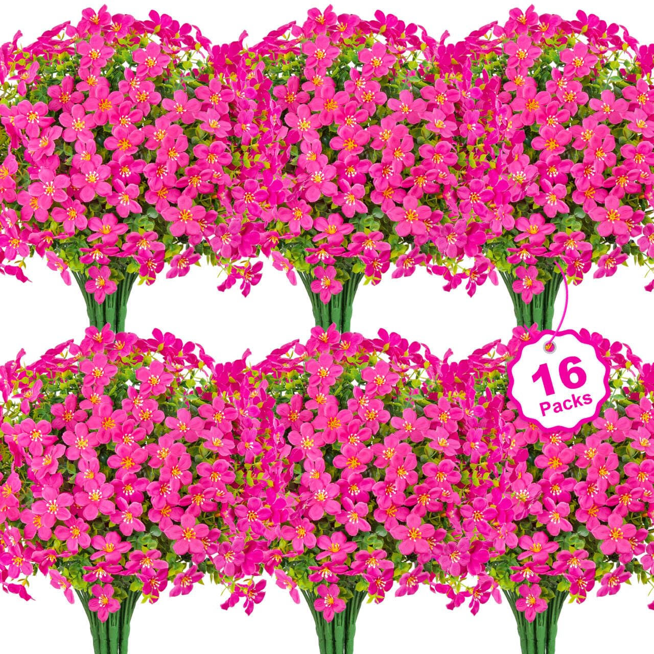 Besteek 16 Bundles Artificial Flowers for Outdoors Decoration Fake Silk Flowers UV Resistant Faux Plastic Plants for Spring Summer Garden Yard Porch