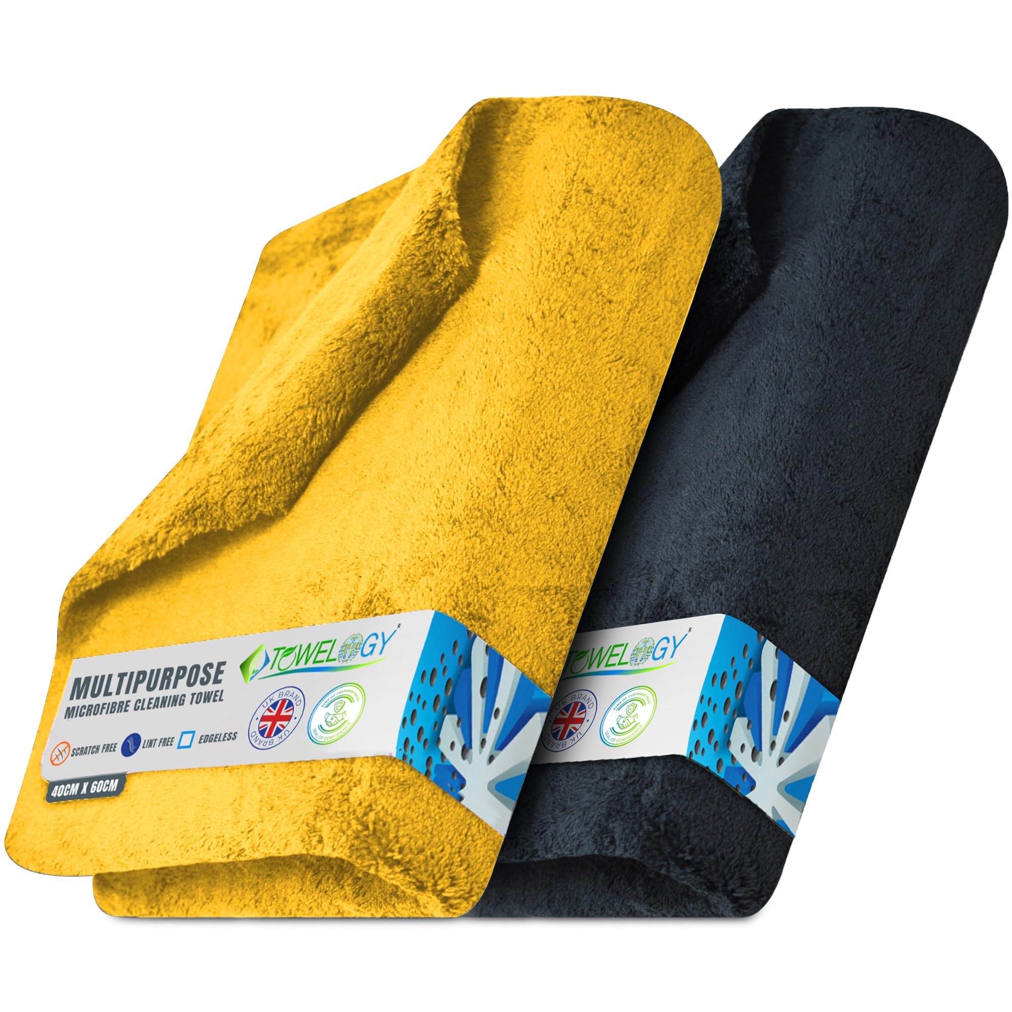 TowelogyX04 Large Car Drying Towel Microfibre Edgeless 550gsm Super Absorbent 60x40cm (24x16in) Lint Free Detailing Cloth (2, Black/Yellow)