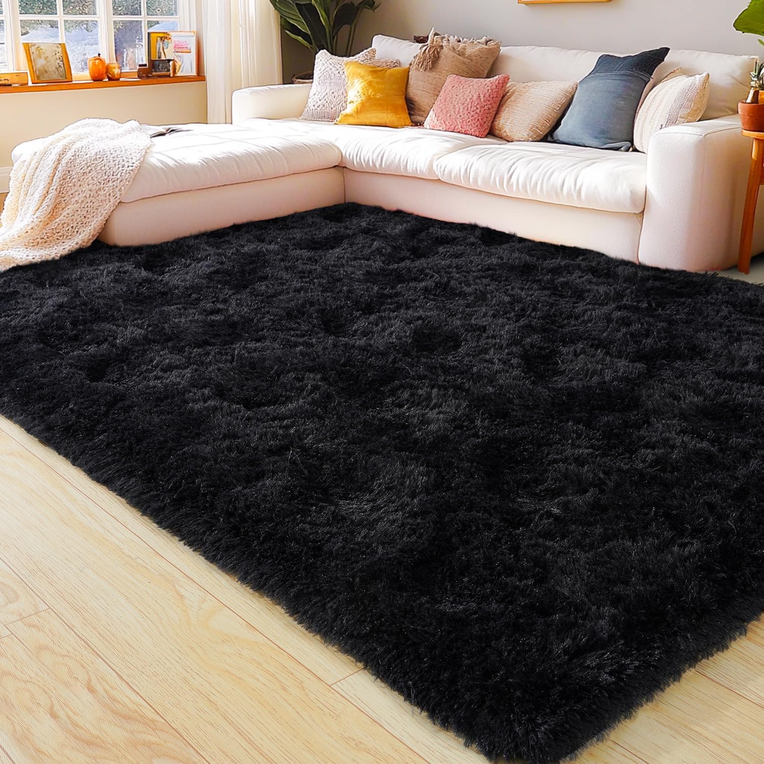 KING DARE 6x9 Area Rugs for Living Room Black Rug, Fluffy Shaggy Fuzzy Plush Furry Large Floor Carpet, Anti-Slip Washable Modern Soft Rug for Bedroom Girls Boys Room Indoor 6x9 Feet Black