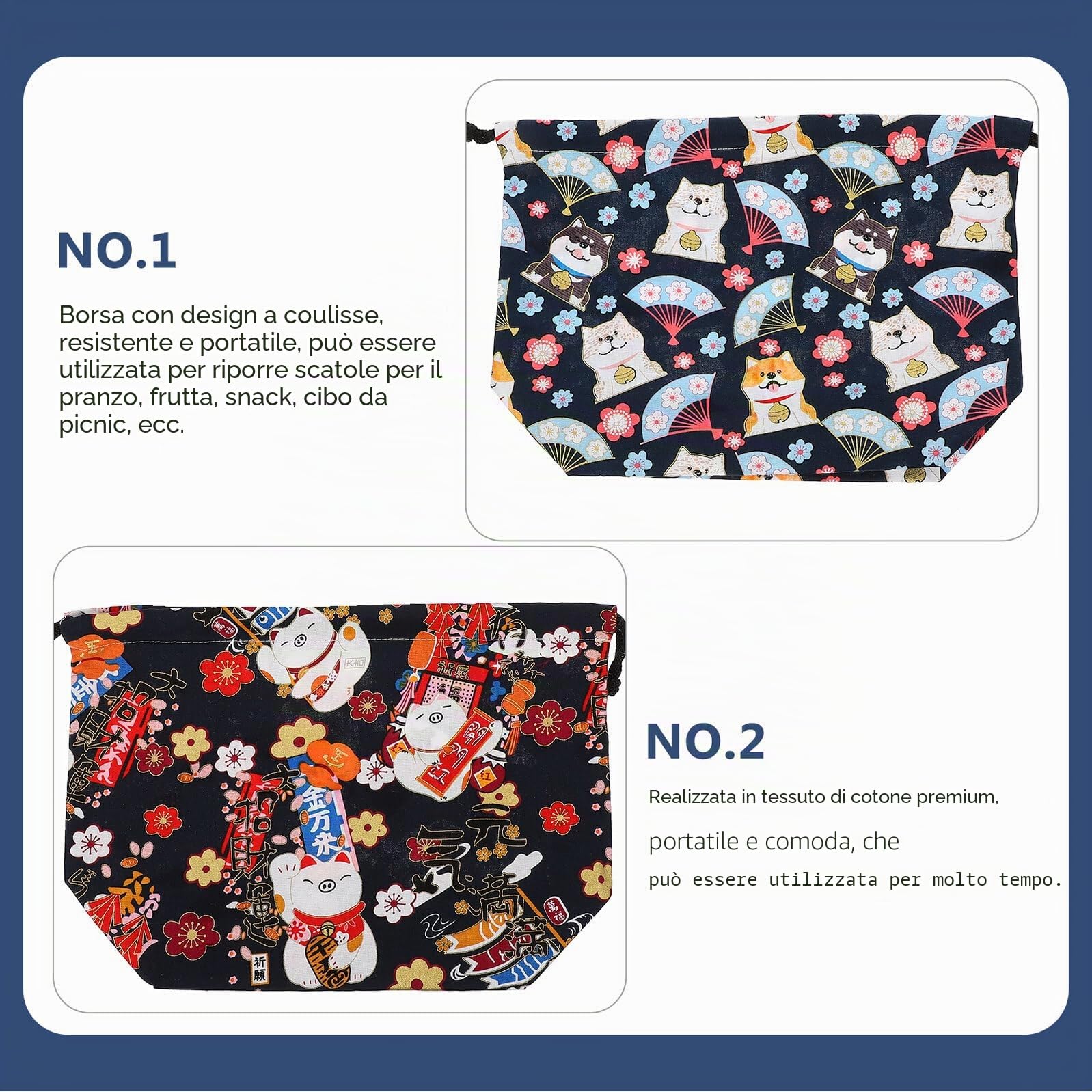 Abaodam Set 2 Pochette Termica per Solari in Cotone Riutilizzabile Coulisse, Borsa Pranzo Donna per Ufficio e Uso Outdoor, Sacchetto Pranzo Bento Box Comodo e Resistente