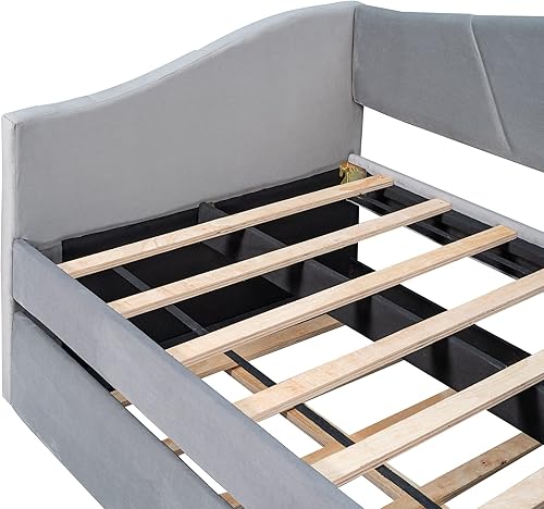 Miniatura 8 de Sofá cama nido con cama nido, tamaño individual, tapizada, de tela, marco de tablillas, soporte para dormitorio, sala de estar, no necesita caja de