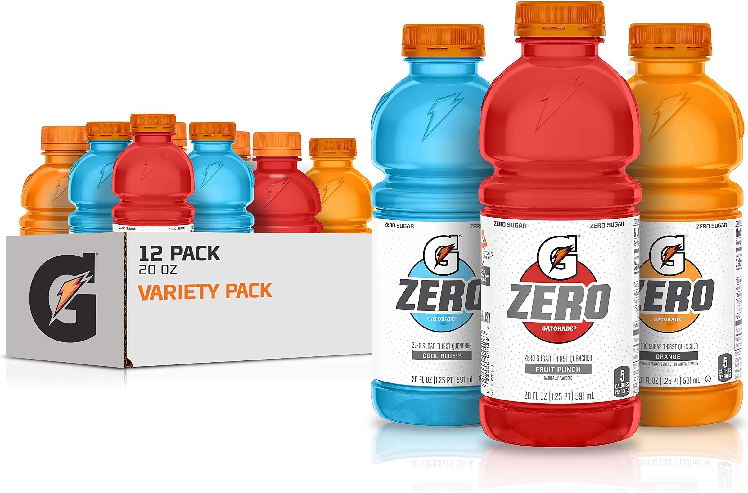G Zero Thirst Quencher, 3 Flavor Variety Pack, 20 Fl Oz Bottles, Pack of 12