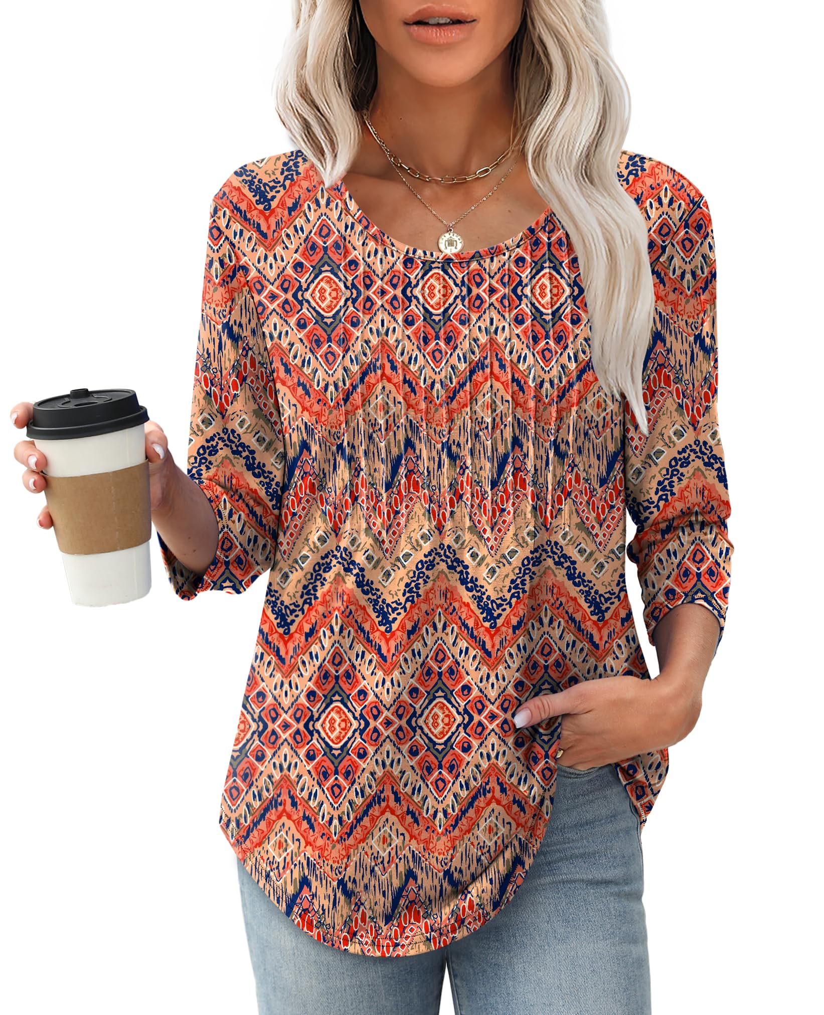 XIEERDUO 3/4 Length Sleeve Tops for Women 2025 Crewneck Casual Pleated Tunic Tops Loose Fit Shirts Blouses