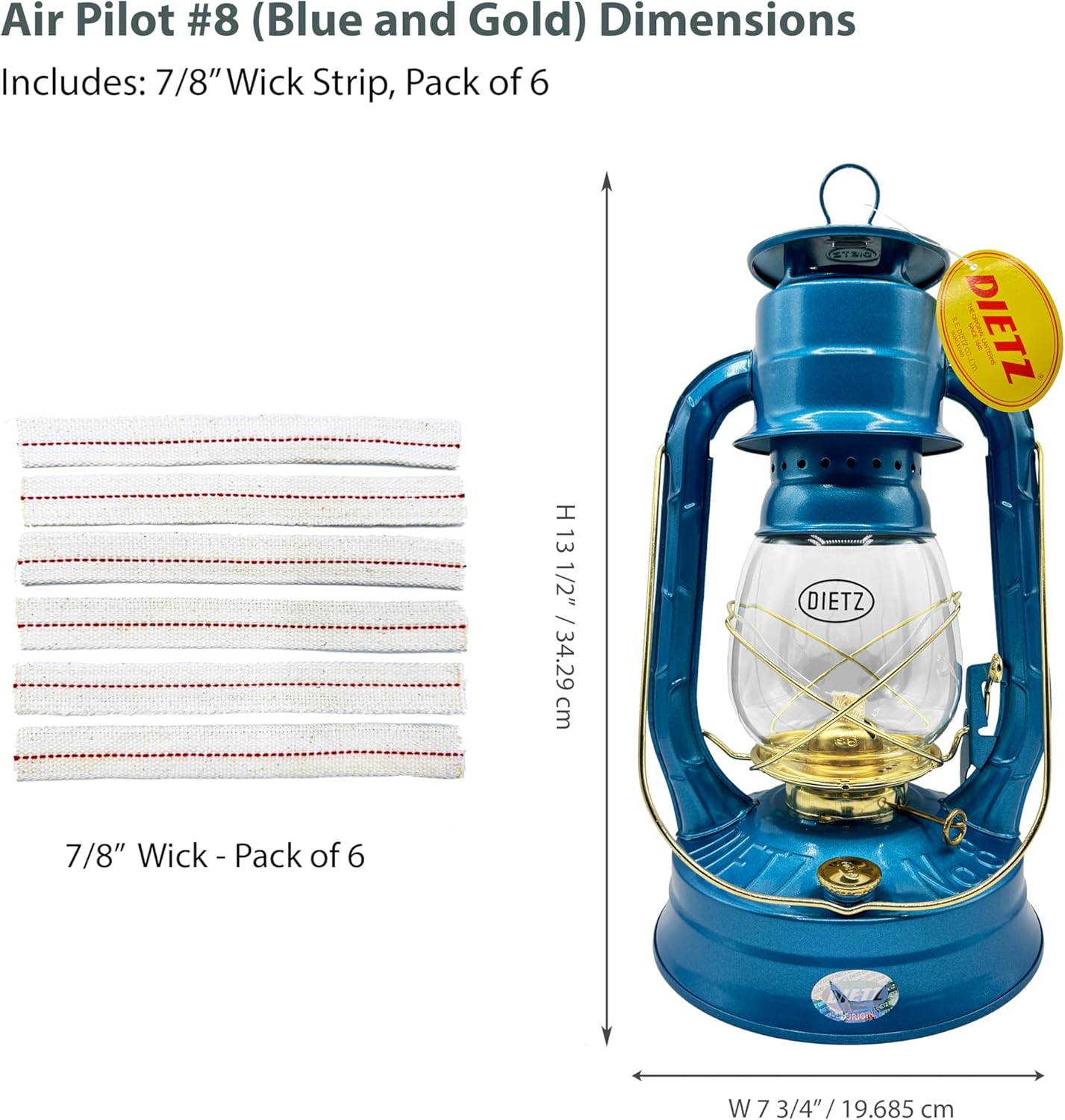 Light of Mine - Dietz #08 Air Pilot Blue with Gold Trim Oil Lantern with 7/8" Replacement Wick Strips (Blue with Gold Trim)