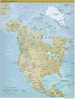 Gifts Delight Laminated 24x31 Poster: Large Detailed Relief and Political map of North America with The Capitals and Major Cities