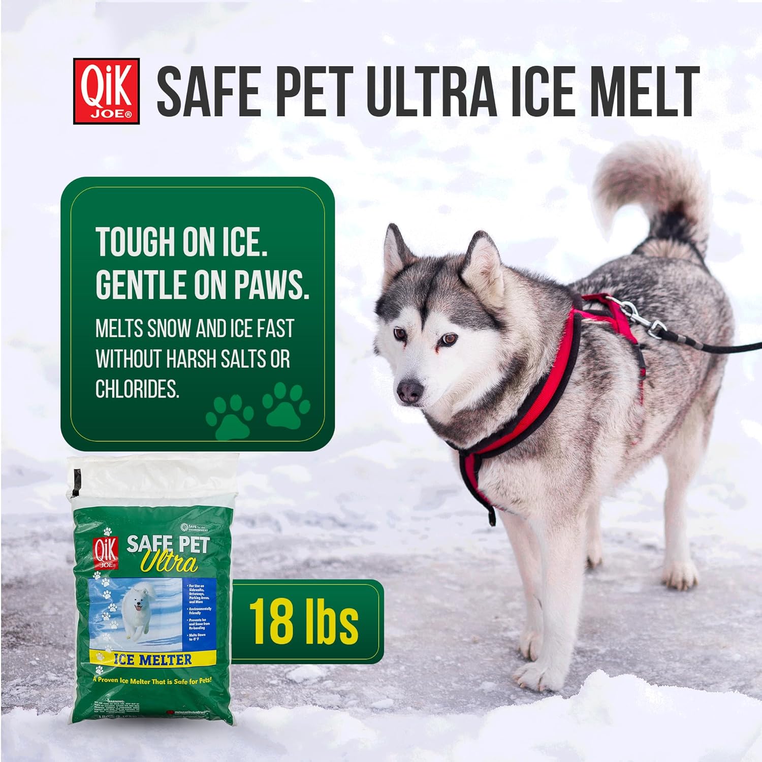 Qik Joe Safe Pet Ultra Ice Melt - 18lbs - Pet & Environmentally Friendly, Effective to -5ᵒF, Green Color Indicator