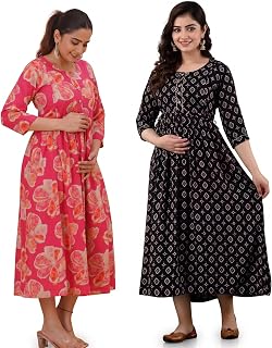 Floral Printed Maternity Midi Dress with Nursing Access, 3/4 Sleeves, Fit and Flare Pack of 2 Price In India
