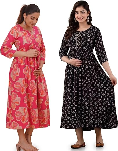 Floral Printed Maternity Midi Dress with Nursing Access, 3/4 Sleeves, Fit and Flare Pack of 2
