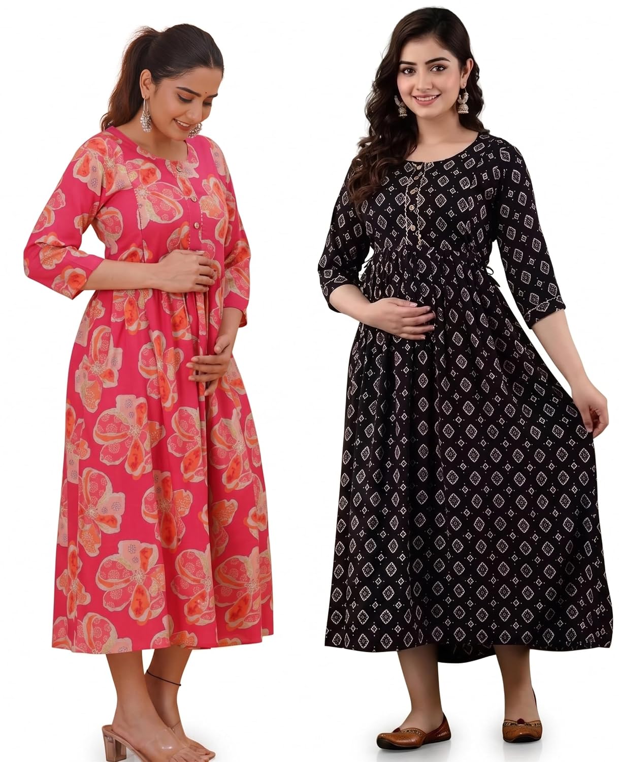 Floral Printed Maternity Midi Dress with Nursing Access, 3/4 Sleeves, Fit and Flare Pack of 2 - Review, Price and Buying Guide